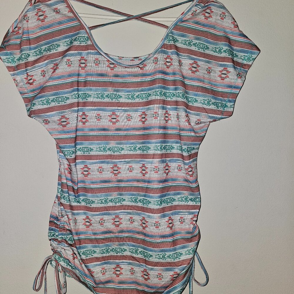Self Esteem Y2K Aztec Print Runched sides, Dolman Sleeve Blouse, Jrs Sz Large